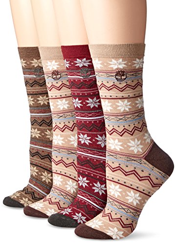 Timberland Women's Vintage Style Cotton Crew Sock 4-Pack Assorted, Tan/Port/Bark/Tan, One Size
