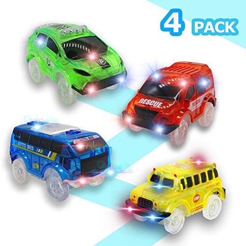 WenSha Track Cars, Toy Cars for Magic Tracks Glow in The Dark,Compatible with Most Tracks Light Up Replacement Car Toys, Glow in The Dark Car Tracks Accessories with 5 Flashing LED Lights, ( 4 Pack ) - Thumbnail 7