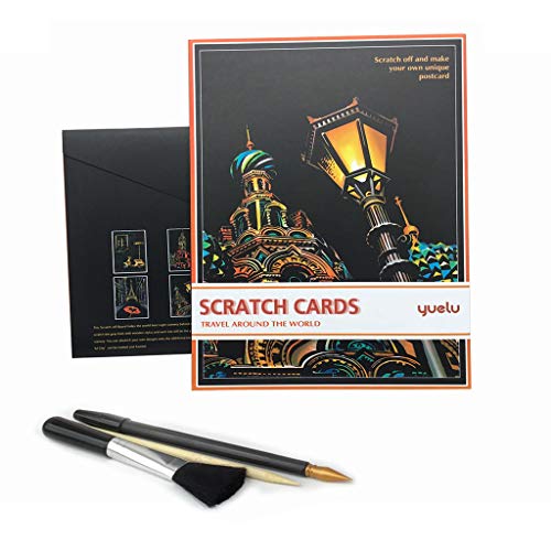 Eraimp Scratch & Sketch Art Paper A4 for Kids & Adults, Scratch Art Rainbow Painting Paper, Night View Scratchboard, Sketch Pads, Engraving Art Set: 4 Scratch Cards, Scratch Drawing Pen, Clean Brush