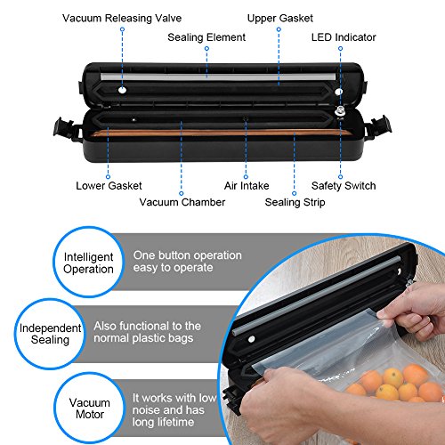 Vacuum Sealer, GEEDIAR Food Vacuum Sealer Machine, Compact Automatic Vacuum Sealing System for Dry & Moist Foods Preservation and Storage Including 15 Sealer Bags, Black