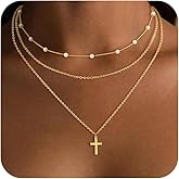 VIROMY Gold Cross Pearl Layered Necklace for Women - Dainty Cross Pendant Necklace Choker Faith Jewelry Religious Gifts for Women