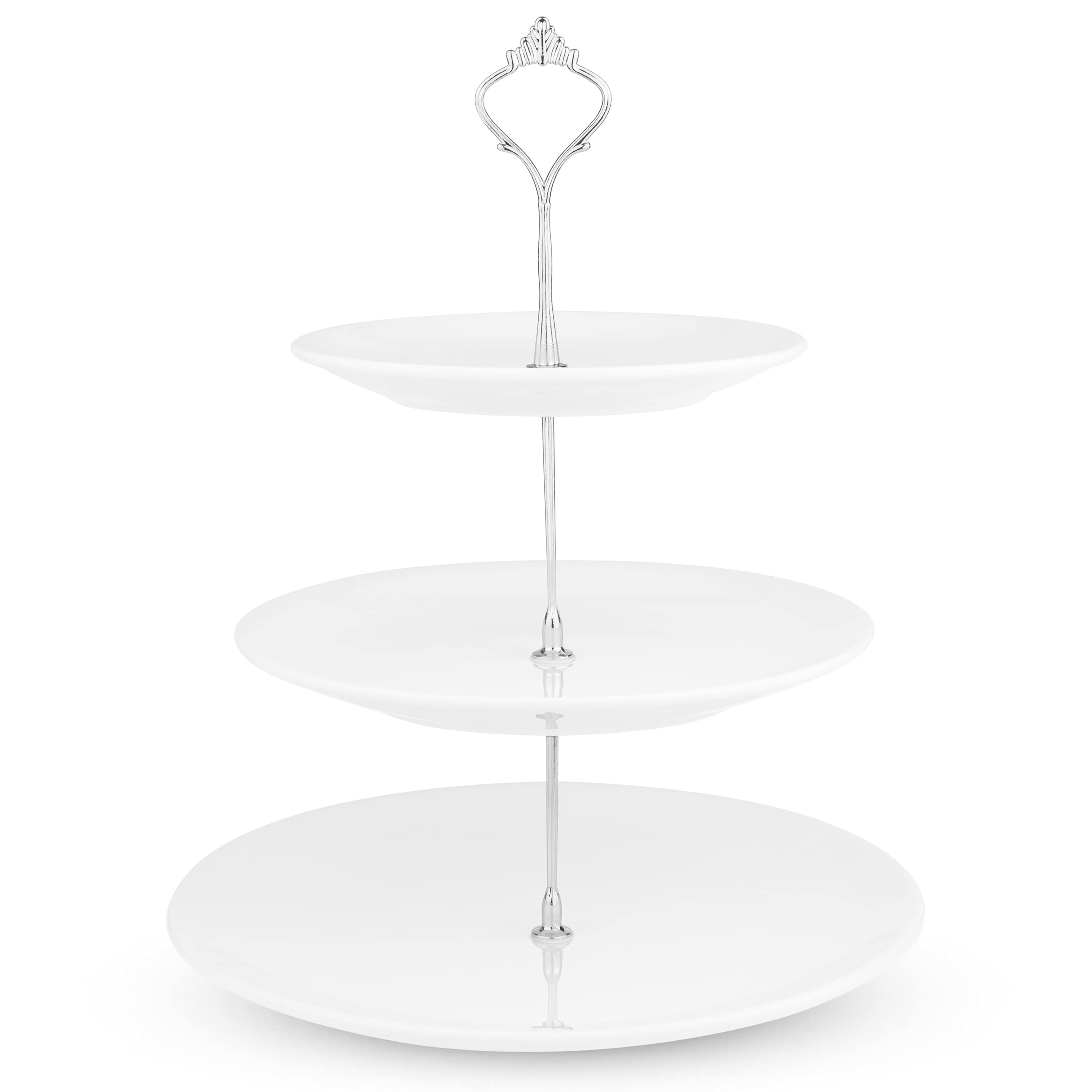 Nyxi 3 Tier Ceramic Cake Stand Afternoon Tea Porcelain Round Display with New Fittings (White Porcelain - Silver Handle)