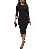 BestGirl Church Dresses for Women Crew Neck 3/4 Sleeve Peplum Wear to Work Office Business Pencil Vintage Dress Black B