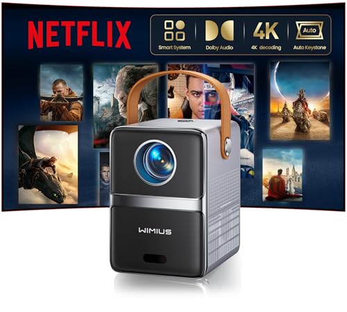 Mini Portable Projector 4K 【Netflix Ready/Dolby】 WiMiUS Projector 1080P FHD with Auto Keystone/E-Focus, Integrated WiFi & Bluetooth Apps, Portable Projector 4K Home Cinema for Mobile/PC/HDMI ARC