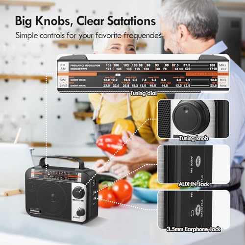 Audiocrazy Portable Radio AM/FM/SW1-2 Multiband Radio with Rechargeable Battery 1800 mAh, AC Cable or Portable FM Radio, Fleece, Speakers, Headphone Jack, AUX Input Black