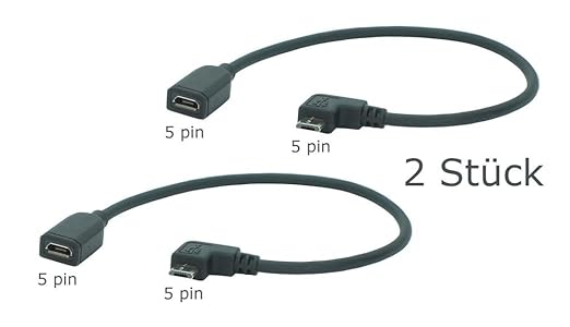 2x SunshineTronic micro USB Verlängerungskabel | voll beschaltet inkl. ID pin | 5 pin | doppelt geschirmt | mit 90° Winkel-St