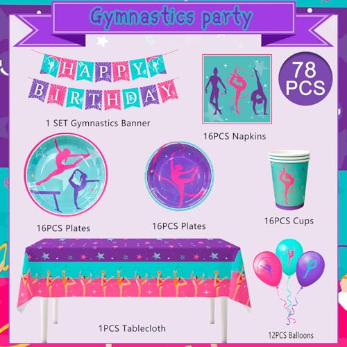 104pcs Gymnastics Party Decorations, Tableware & Gymnastics Birthday Party Decoration – Banner of Gymnastics Balloons Plate Tablecloth etc Supplies for Gymnastics Birthday Parties