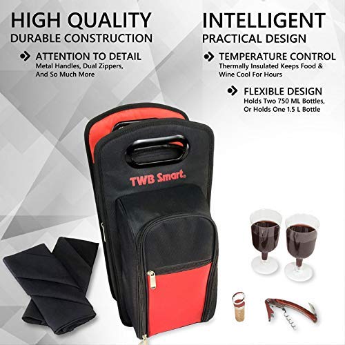 Insulated Travel Wine Bag - Premium Gift Set. Reusable 2 Bottle Wine Tote and Picnic Set, Includes Disposable Wine Glasses, Wine Stopper, Corkscrew (Bottle Opener), and Linen Napkins (Wine Bag) - Thumbnail 2