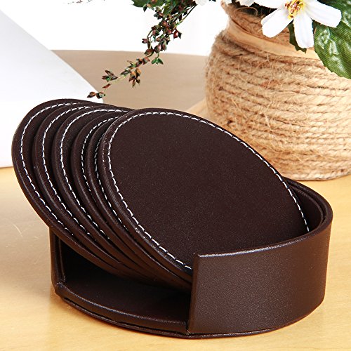Set of 6 Leather Drinks Coasters with Holder Round Coaster Cup Mat Pad for Home and Kitchen Use,Protect Your Furniture (Brown Round) - Thumbnail 2
