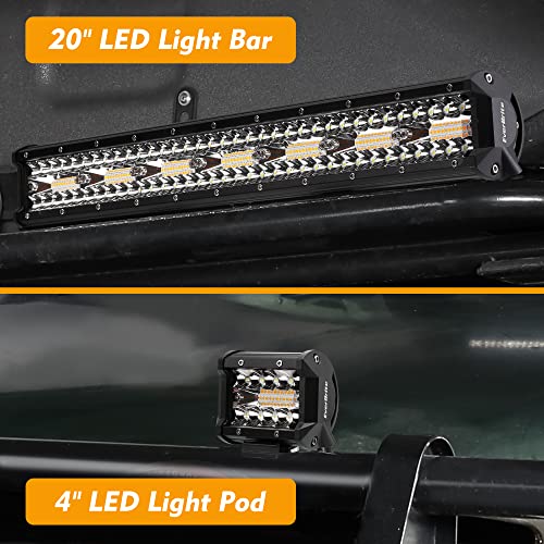 EverBrite 420W 20 Inch Led Light Bar, 2PCS 60W 4 Inch Led Pods, White Amber Strobe 6 Modes with Memory Function, Off Road 12V Led Lights for Trucks Car ATV SUV Cabin Boat, 16AWG Wiring Harness Kit