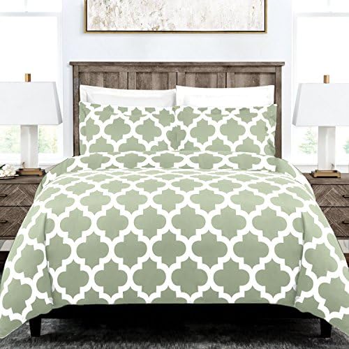Egyptian Luxury Quatrefoil Duvet Cover Set - 3-Piece Ultra Soft Double Brushed Microfiber Printed Cover with Shams - Full/Queen - Sage/White