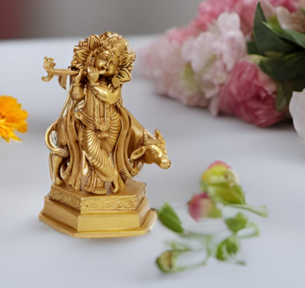 Purpledip Brass Idol Krishna With Divine Cow: Collectible Statue For Home Temple (10024)