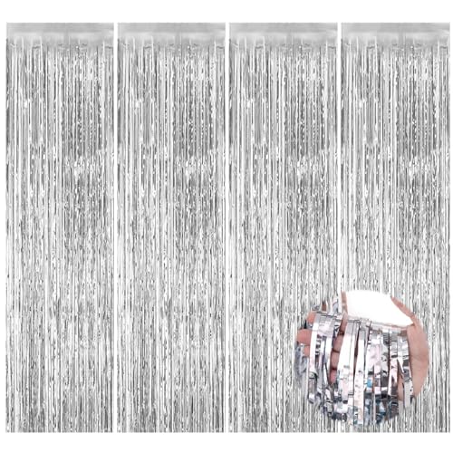 4 Pieces Silver Glitter Tinsel Curtains, 1m x 2m Aluminum Foil Flow Curtain Background Streamers, Girls' Pastel Foil Fringe Tinsel Curtains, Silky Backdrop Decorations for Weddings, Birthday Parties