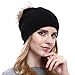 Women Knit Wool Beanie - Winter Fashion Solid Wool Hats Real Removable Raccoon Fur Pom Pom Warm Ski Beanie (Black),One Size