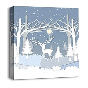 Canvas Wall Art Snow Deer Merry Christmas Painting Artwork for Home Prints Framed - 12x12 inches