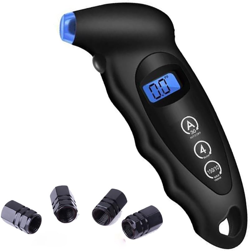 Tyre Pressure Gauge Digital Monitor - SEAMETAL Car Tire Pressure Checker Tyre Inflator Gauge Tyre Air Pressure Gauge Tester Tool for Cars, Trucks, Motorcycles and Bicycles 150 PSI|10 Bar With 4 Car Tyre Valve Caps