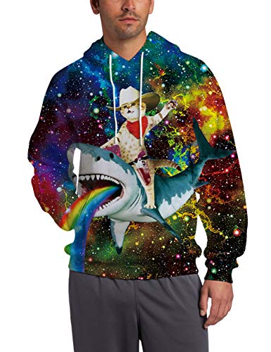 Mens Christmas Hoodies Funny Colorful Galaxy Captain Cat with Shark Pullovers Novelty Plus Size Sweatshirts Winter Warm Fleece Pullover Winter Outdoor Party Clothes Long Sleeve Winter Jacket XXL