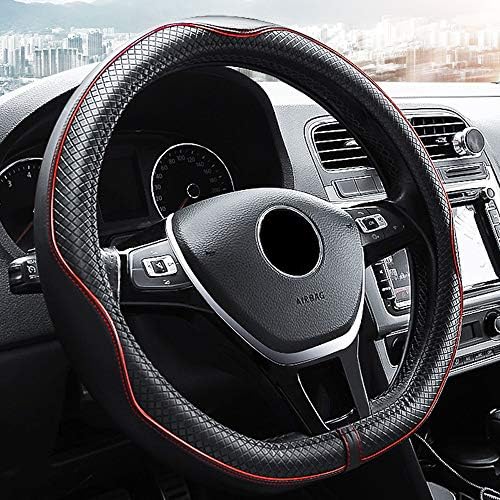 BAUZEIT D-Type Universal Car Steering Wheel Covers 15 inch/37-38cm Protector - Heavy Duty Genuine Leather Anti Slip Automotive Cover Protection for Auto SUV Vehicles Truck Lorry Van,Red Line