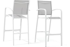 OC Orange-Casual Outdoor Bar Stool Set of 2, All-Weather Aluminum Textile Fabric High Top Patio Dining Chair, Counter Height Metal Barstool High Back Armchair, for Backyard, Porch, Balcony, White