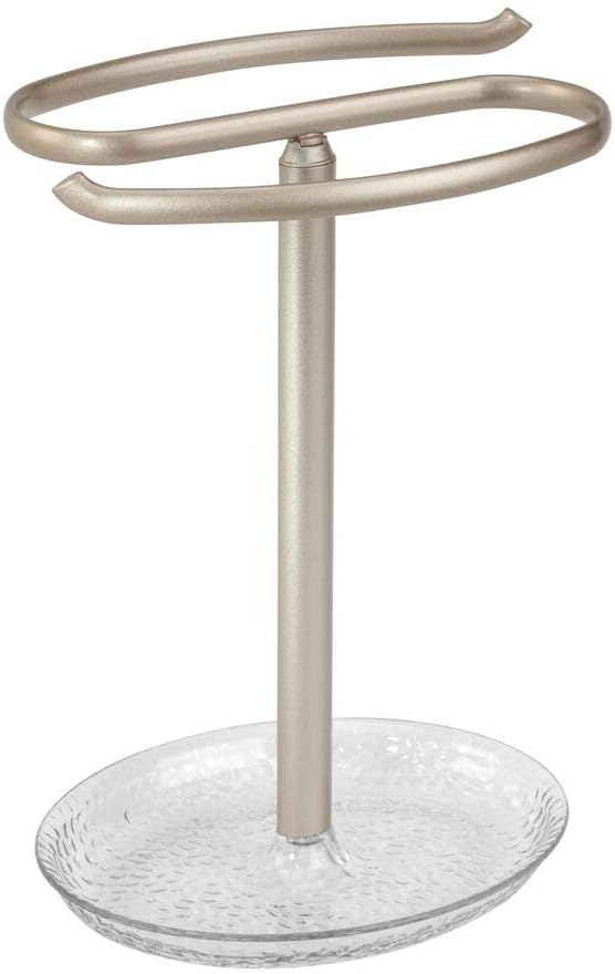 mDesign Decorative Metal Fingertip Towel Holder Stand with Base Tray for Bathroom Vanity Countertops to Display and Store Small Guest Towels or Washcloths - 2-Sided, 10.5" High - Clear/Satin: Home & Kitchen