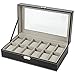 Zeeshy 12- slot Watch Box Black Pu Leather Diaplay Case Organizer Glass Top with Key Lock
