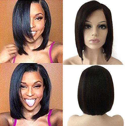 S-noilite Glueless Lace Front Wigs 100% Brazilian Human Hair Short Bob Style Wig for Women Side Part with Baby Hair Pre Plucked (8inch,Natural 1B Black,130% Density)