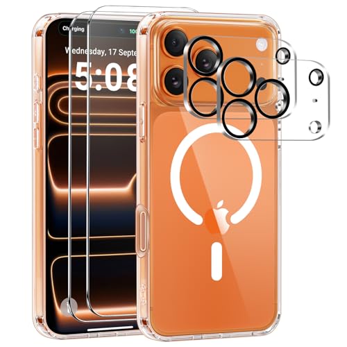 Magnetic Cover per iPhone 17 Pro Compatibile con 2 vetri temperati e 2 vetri per fotocamera, Trasparente TPU Bumper Shockproof Compatible Magnetic Cover per iPhone 17 Pro - Trasparente