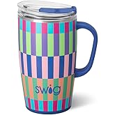 Swig Life 18oz Travel Mug, Insulated Tumbler with Handle and Lid, Travel Coffee Mug, Cup Holder Friendly, Stainless Steel 18 oz Tumbler, Reusable Insulated with Lid (Brite Stripe)