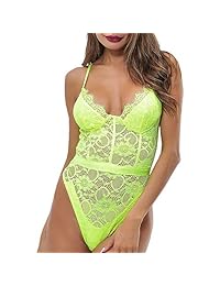 GEMBERA Women Sexy Lace Bodysuit Lingerie One Piece Sheer Bodysuit Thong Clubwear