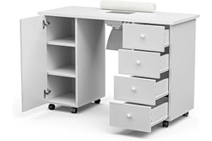 Paddie Manicure Table Nail Station, Nail Desk Workstation Nail Art Equipment w/Electric Downdraft Vent, Wrist Cushion, Lockable Wheels, Storage Cabinet & Drawers (White)