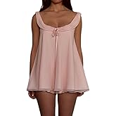 TUWIXIUW Women Ruffle Pajama Sets 2 Piece Scoop Neck Babydoll Tank Top Wide Leg Shorts Set Chiffon Lace Pjs Loungewear