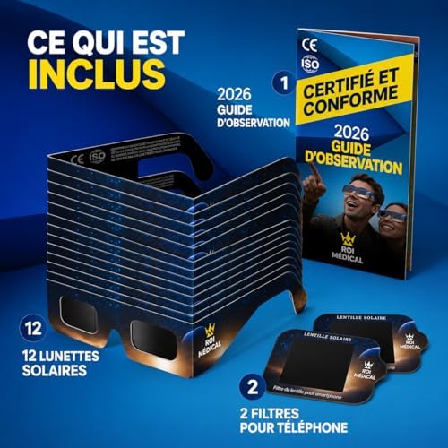 Lunettes Eclipse Solaire 2026 – Lot de 12 Paires Premium avec 2 Filtres Solaires pour Smartphone, Lunettes Eclipse Solaire ISO 12312-2, Certifiées CE, Protection des Yeux pour l'Observation du Soleil