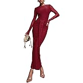 Cosonsen Women’s Bodycon Dress Mesh Long Sleeve Open Back Maxi Dresses with Sash