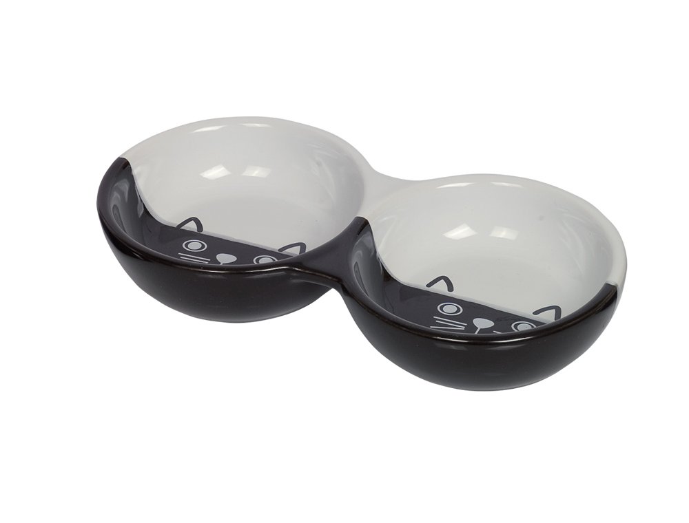 Nobby Face Cat Ceramic Double Bowl 22 x 11.5 x 3.5 cm Black/White