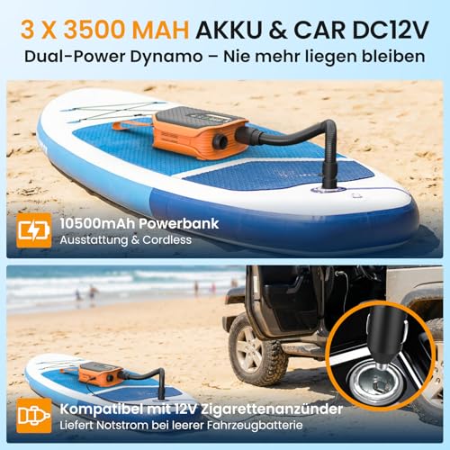 TowerTop Sup Pumpe Akku: 10500mAh Akku Pumpe für Auto/SUP, 50 PSI Stand Up Paddle Pumpe, 12V DC Zweistufenpumpe (Auf- und Ablassen) mit 8 Düsen für Paddleboards, aufblasbare Artikel, Kajaks und Autos