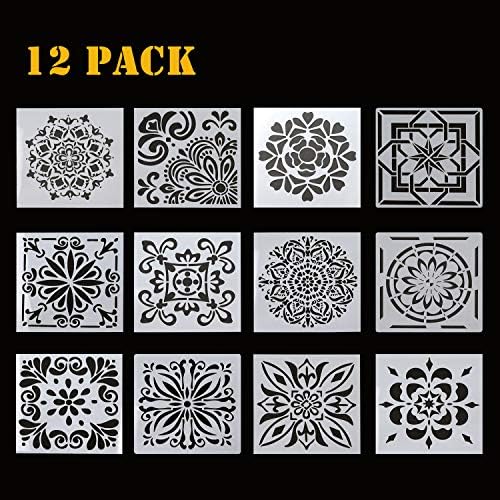 Luckkyme Reusable Stencils, 6 x 6 Inch Laser Cut Painting Stencil for Art Painting on Tile, Wall, Floor, Fabric, Wood, Window - 12Pack for DIY Decor (White, 12 Styles)
