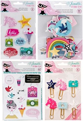 American Craft Shimelle Glitter Girl Accessories Set - Shaker Stickers, Ephemera, Paper Clips, Sticker and Washi Folder - 4 Item Bundle