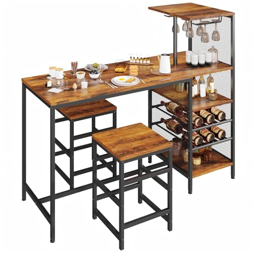 SIMPLE ESPACIO Barra de Cocina,Desayunador Tiene Seis Capas de Espacio de Almacenamiento,Mesa de Bar,Comedor Viene con Dos Sillas,con Estante para Copas Vino,Adecuado para Cocina y Bar(Color Retro)