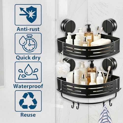 ZBXSNK 2Pcs Corner Shower Caddy, No Drilling Suction Cup Bathroom Corner Shelves, Shower Storage Shelf with Towel Bar & Hooks, for Bathroom Kitchen Vanity & Shampoo, Razors, Spice Bottles