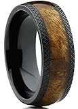 Dome Black Titanium Wedding Band Ring with Real Marble Brown Wood Inlay, Comfort Fit 8mm