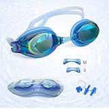 Swim Goggles + Ear and Nose Plugs - 3STN | Professional Athletic Glasses with UV + Leaking Protection, Fogproof, Mirrored for Pool, Outdoor, Triathlon | For Men, Women, Adults, Youth (blue)