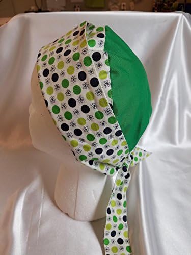 High Quality Handmade Women's Pixie Scrub Hat Cap (for short hair) with Black, Green and Lime Green Polka Dots. One of a kind.