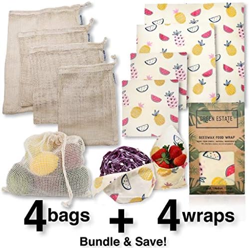 Green Estate Reusable Beeswax Wrap and Mesh Produce Bag Bundle - 4 Pack Food Storage Wrap + 4 Mesh Produce Storage Bags - Eco-Friendly, Plastic Free, Sustainable (Tiki Pineapple)