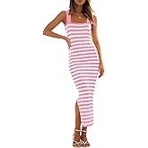 MEROKEETY Women's 2026 Summer Spring Bodycon Midi Dress Beach Vacation Sleeveless Striped Ribbed Knit Party Sweater Dresses