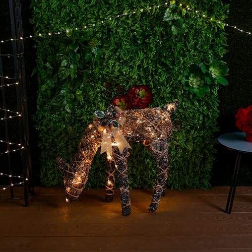 Alpine Corporation 29" Tall Natural Twig Wrapped Rattan Grazing Deer with Warm…