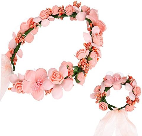 Flower Wreath Crown Adjustable Floral Headband Garland with Flower Wrist Band for Wedding Festival Party ( Pink )