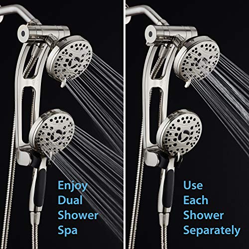 AquaSpa High Pressure 48-mode Luxury 3-way Combo with Adjustable Extension Arm - Dual Rain & Handheld Shower Head - Extra Long 6 Foot Stainless Steel Hose - All Brushed Nickel Finish - Top US Brand