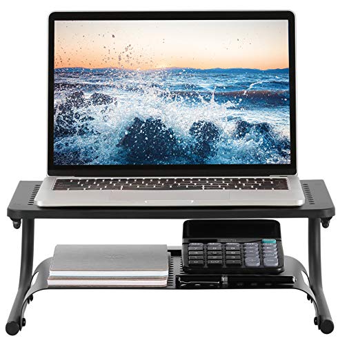 2 Pack- Two Tier, Double Decker Steel Monitor Stand with Rugged, Sturdy, Vibration Free Construction. Holds 50lbs, Laptop, Keyboard, Mouse, Organize Supplies. Vented Cooling. Attractive Black
