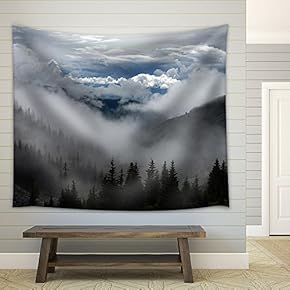 Pine Trees Forest with Fog - Fabric Wall Tapestry Home Decor - 51x60 inches