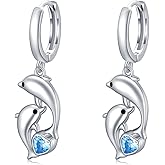 Dolphin Earrings for Women, Sterling Silver with Blue Heart Shaped Crystals Circle Hoop Earrings Ocean Nautical Cute Animal Sailor Drop Earrings for Sensitive Ears Jewelry for Best Friend